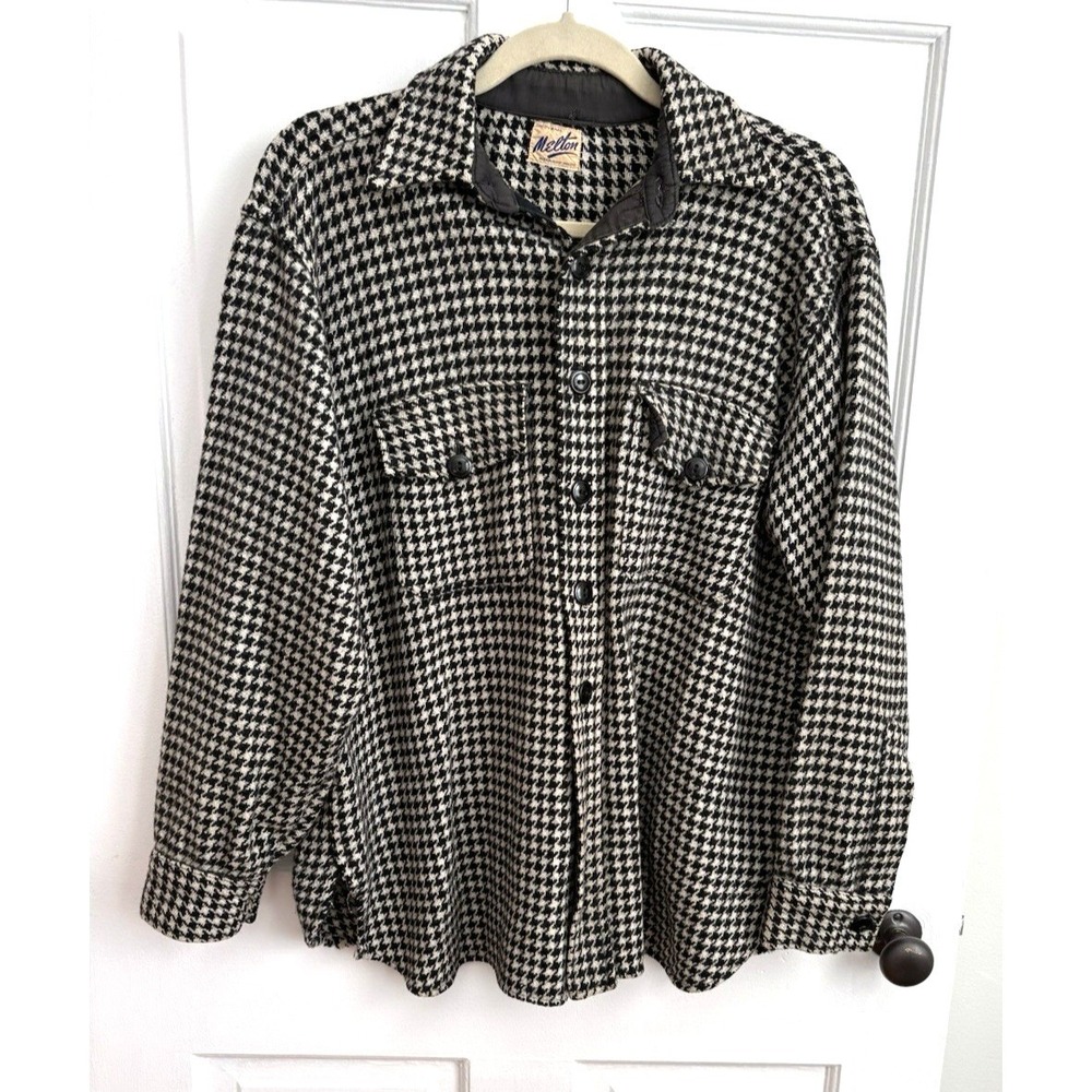 Vintage Melton Union Made Houndstooth Wool Shirt Jacket Black White Mens L